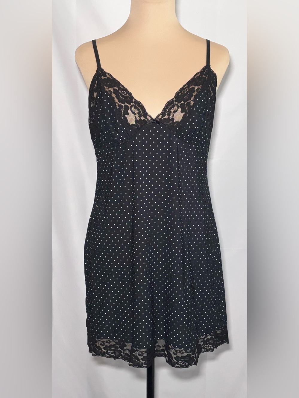 Studio Donatella Vintage Y2K Black Polka Dot Lace Slip Dress Nightgown Chemis